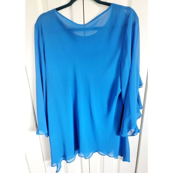 Chico's 3 Black Label Tunic Top XL Royal Blue Asymmetrical Romantic Sheer Ruffle - Picture 3 of 6
